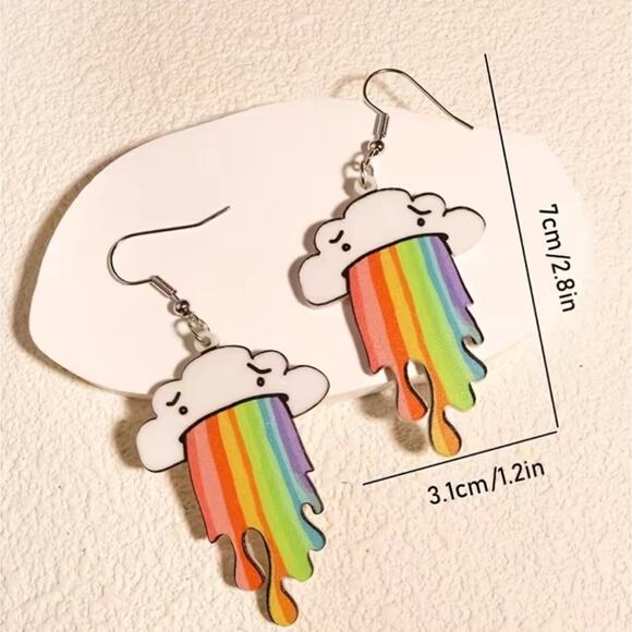 funny cartoon cloud puking a rainbow acrylic earrings - Picture 4 of 4